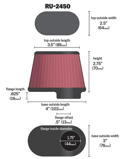 K&N Univ Clamp-On Air Filter - 1-3/4in FLG O/S 4in X 3in B 3in X 2in T 2-3/4inH OVAL RU-2450