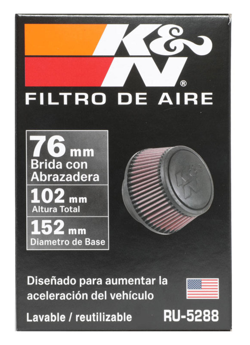 K&N Universal Round Clamp-On Air Filter 3in Flange ID x 6in Base OD x 4.625in Top OD x 3in Height RU-5288