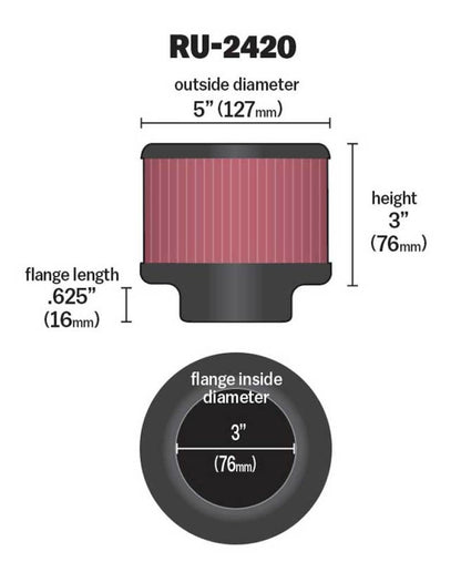K&N Universal Rubber Filter 3 inch Flange 5 inch OD 3 inch Height RU-2420