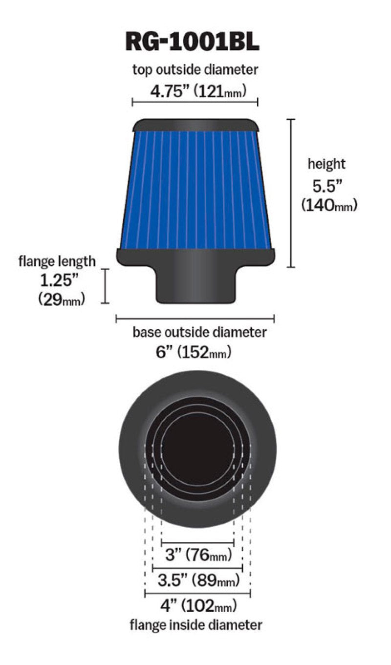 K&N Universal Air Filter Chrome Round Tapered Blue - 4in Flange ID x 1.125in Flange Length x 5.5in H RG-1001BL