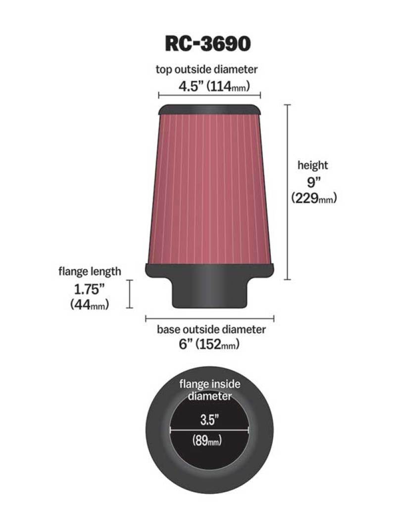 K&N Universal Chrome Filter 3 1/2 inch ID FLG / 6 inch Bottom / 4 1/2 inch CR / 9 inch Length RC-3690
