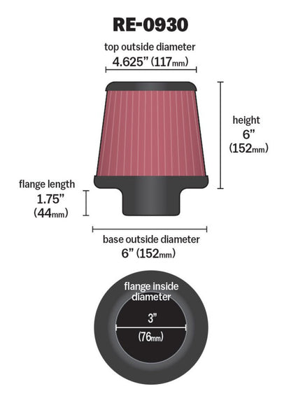 K&N Universal Rubber Filter - Round Tapered 6in Base OD x 3in Flange ID x 6in H RE-0930
