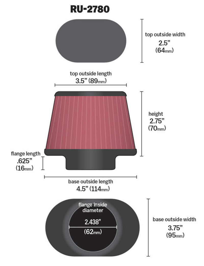 K&N Filter Universal Rubber Filter 2 7/16 inch Flange 4.5x3.75 inch Base 3.5x2.5 inch Top 2.75 inch RU-2780