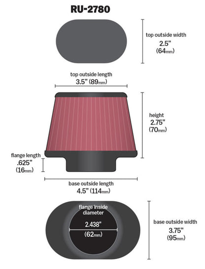 K&N Filter Universal Rubber Filter 2 7/16 inch Flange 4.5x3.75 inch Base 3.5x2.5 inch Top 2.75 inch RU-2780