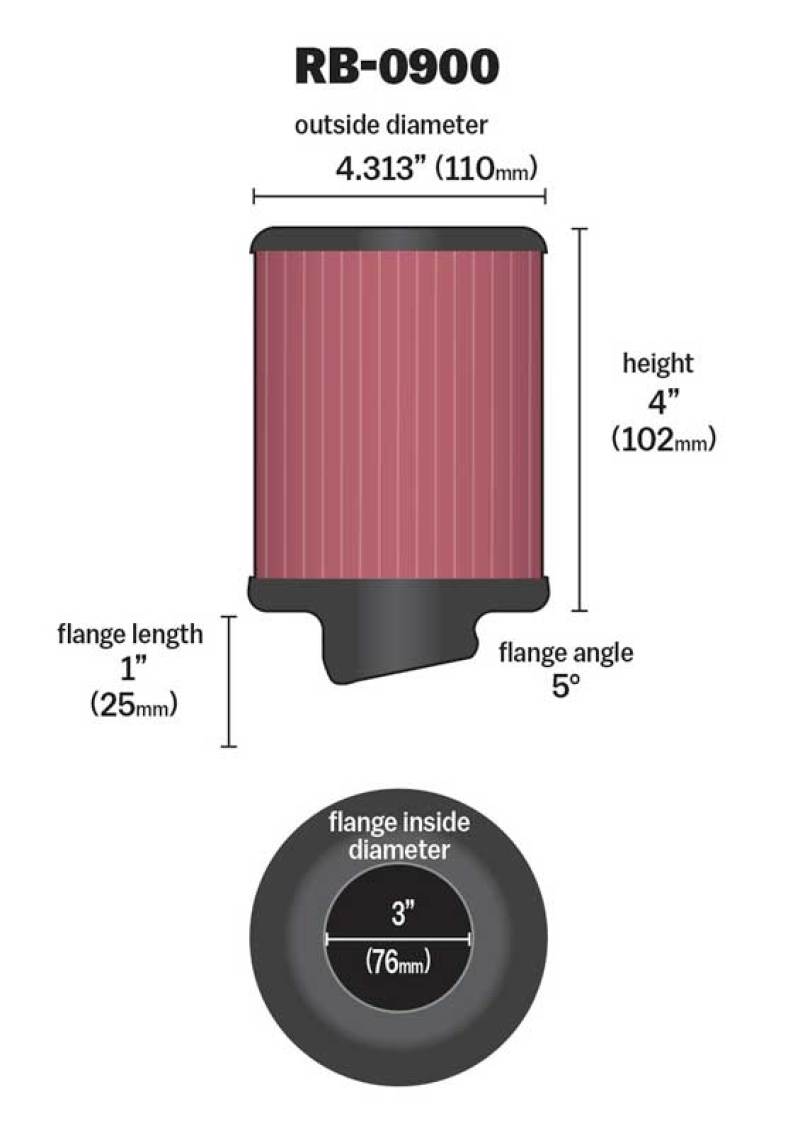 K&N Universal Rubber Filter 3 inch 5 Degree FLG 4 1/2 inch OD 4 inch Height RB-0900