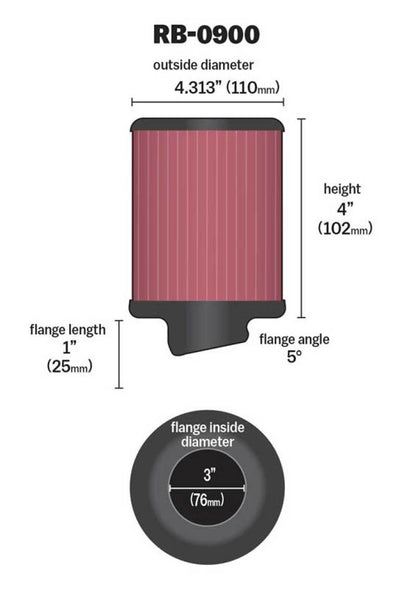 K&N Universal Rubber Filter 3 inch 5 Degree FLG 4 1/2 inch OD 4 inch Height RB-0900